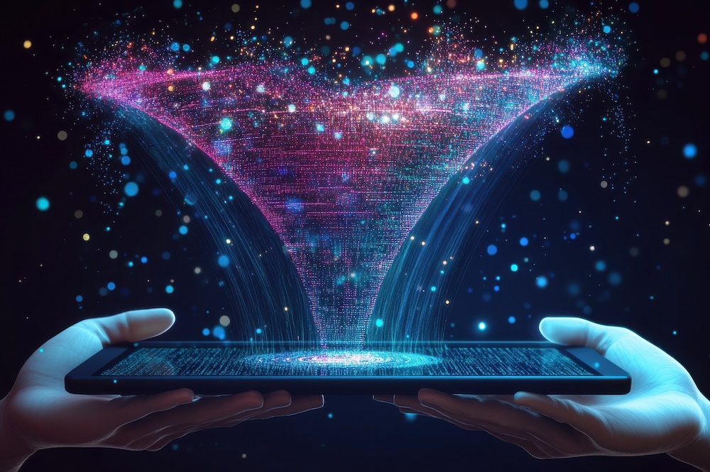Digital sales funnel on a tablet screen held by hands, showcasing a big data concept. Features abstract data flow and filtering, presented in a low poly wireframe vector illustration with a futuristi Turning Static Pages into Sales Funnels