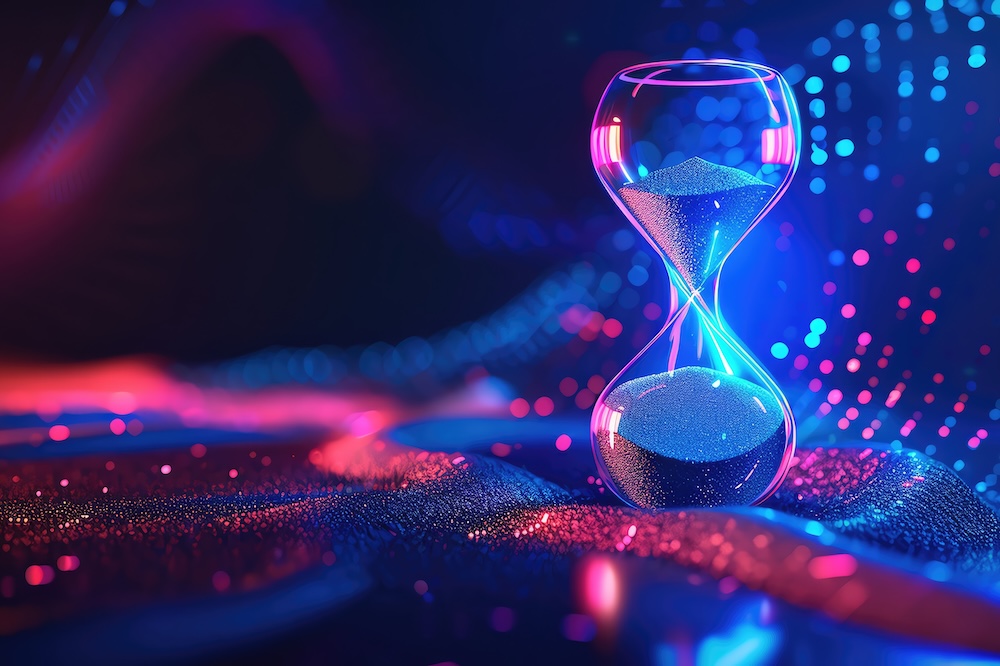 Abstract digital hourglass with glowing particles symbolizing time, technology, and innovation in a futuristic setting. Abstract digital hourglass with glowing particles symbolizing time, technology, and innovation in a futuristic setting.